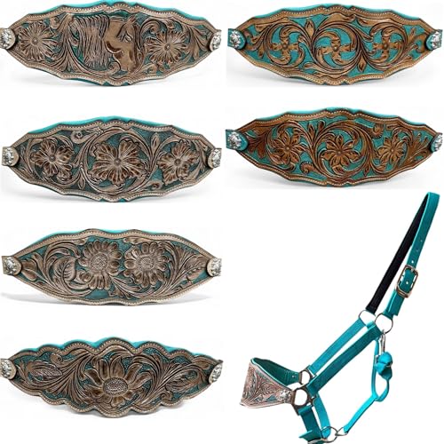 Majestic Ally Western Horse Bronc Halter, Turquoise Padded Leather Noseband, Antique Finish, Tooled Floral Design, Adjustable Nylon - style: Prairie Petal