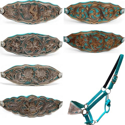 Majestic Ally Western Horse Bronc Halter, Turquoise Padded Leather Noseband, Antique Finish, Tooled Floral Design, Adjustable Nylon - style: Prairie Petal