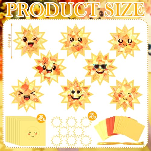 AmazingSpark 30 Pcs Sun Suncatchers Craft Kits, Stained Glass Spring | DIY Tissue Paper Set for Kids, Sun Face Designs, Bulk Party Art Activities, Summer Classroom Window Decorations - style: Sun