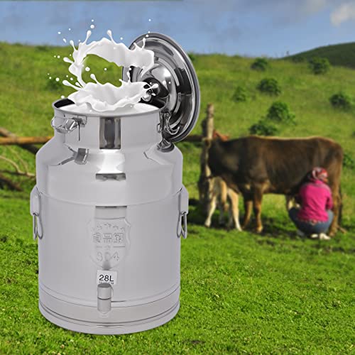 28L/7.4Gallon Stainless Steel Milk Can with Spigot, Heavy Duty Milk Jug Wine Pail Bucket Bottle Liquid Container Storage for Grain Wine Liquid,Stainless Steel Sealed Tank