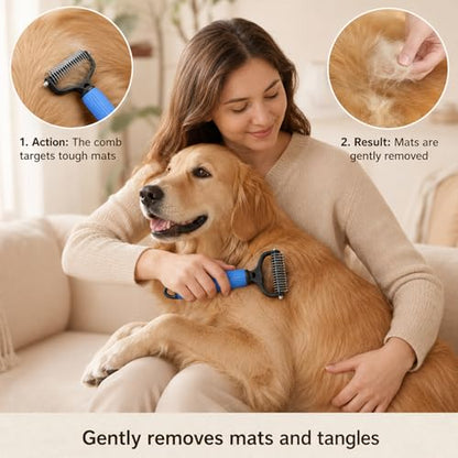 2PCS Pet Grooming Combo - Blue Deshedding Brush with Metal Comb for Detangling and Dematting Long, Matted Fur on Cats and Dogs (2PCS-A) - color: 2PCS-A