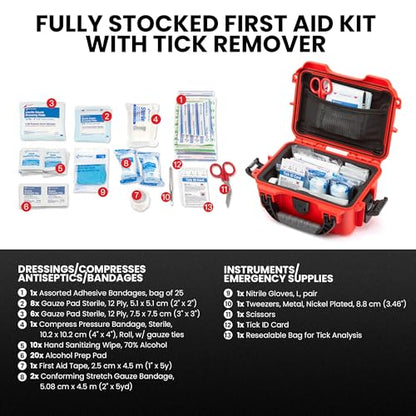 NANUK 903 - Small Waterproof First Aid Kit 78pcs – Pre-Stocked First Aid Emergency Kit with Bandages, Tick Removal Tool, and More – Dustproof, Impact-Resistant, Floats (7.4" x 4.9" x 3.1") – Red
