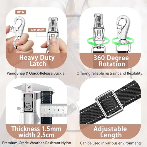 4 Pack Heavy-Duty Cross Ties for Horse - Adjustable Nylon Cross Ties with Panic Snap and Bull Snap (56.5"-98.4"), All-in-One Set with 4 Pack Tie Rings & 16 Matching Screws. (4 Pack) - color: 4 PACK