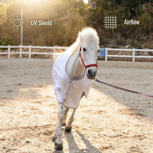 BARN & STABLE Breathable and UV Protective Tear-Resistant Mesh Horse Fly Sheet Comfy Equine Summer Sheet with Removable Web Leg Straps - color: White - Curvy Fit, size: 75 in