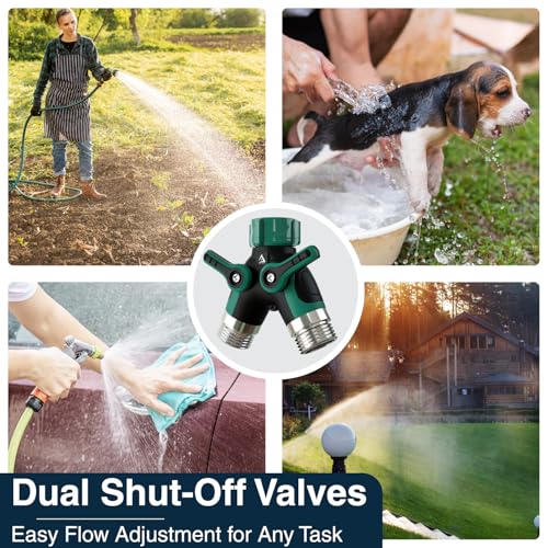 DBR Tech® Hose Splitter 2 Way, Heavy Duty Metal Connector, Two Way Garden Hose Splitter, High Flow Spigot Faucet Bib Adapter, Solid Double Y Shut Off Valve for Outdoor Gardening Hoses, Green - color: Green