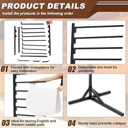 8-Tier Saddle Pad Rack with Stand, Long Rack Arms Horse Blanket Holder Horse Pad and Blanket Storage for Tack Room Organization Trailer Accessories