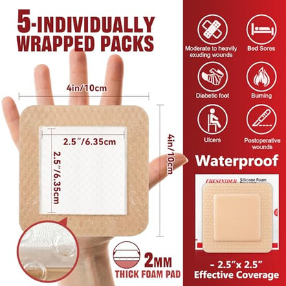 FRESINIDER Silicone Foam Dressing with Adhesive Border – Wound Dressing Bandage – Silicone Foam Pad – Pack of 5 – 4 x 4 Inches Large Waterproof Bandages – Self Adhesive Wound Care and Dressings - size: 4" x 4", 5pack