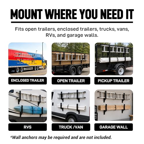 2 Pack Trailer Ladder Rack, Steel Side Mount with Straps, 400 lb Capacity