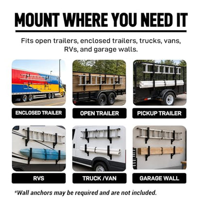 2 Pack Trailer Ladder Rack, Steel Side Mount with Straps, 400 lb Capacity