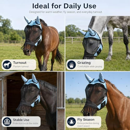 Breathable Horse Fly Mask with Ears and Nose Fringe(L) - size: L