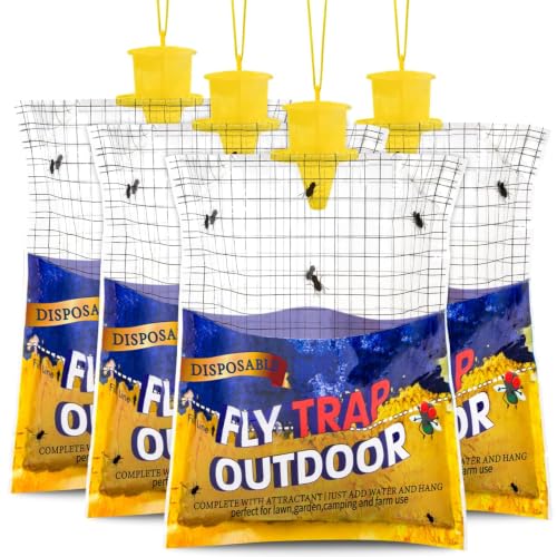 4 Big Fly Bags Outdoor Traps Hanging for Patio - Pre-Baited, Disposable - size: 4 pack
