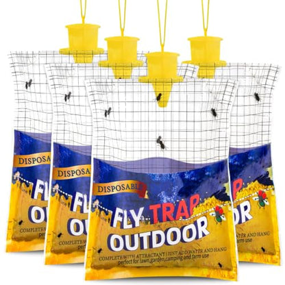 4 Big Fly Bags Outdoor Traps Hanging for Patio - Pre-Baited, Disposable - size: 4 pack