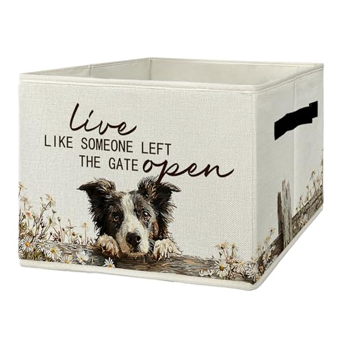 Border Collie Gifts Storage Bins with Handles, Rustic Farmhouse Dog Foldable Basket for Organizing, Live Like Someone Left the Gate Open Collapsible Storage Basket for Bedroom Bathroom - color: Border Collie