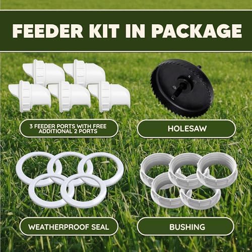 Poultry Pro DIY Chicken Feeder Port Kit - 5 Ports, Weatherproof Seals, Bushings & Hole Saw, PVC Gravity Feeder, Use for Buckets, Barrels, Bins & Troughs, No Waste Chicken Feeders (Bucket NOT Included) - style: Original Feeder 5 Pack