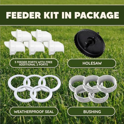 Poultry Pro DIY Chicken Feeder Port Kit - 5 Ports, Weatherproof Seals, Bushings & Hole Saw, PVC Gravity Feeder, Use for Buckets, Barrels, Bins & Troughs, No Waste Chicken Feeders (Bucket NOT Included) - style: Original Feeder 5 Pack