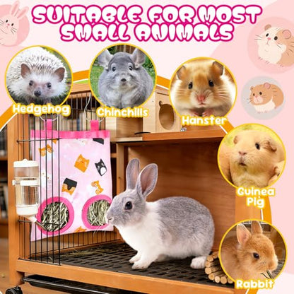 2 Pack Rabbits Hay Feeder Bag, 2 Holes Hanging Bunny Hay Feeder Guinea Pig Feeding Bag Storage Dispenser for Bunny Rabbits Chinchillas Hamsters Small Pets and Animals - color: Pink Yellow