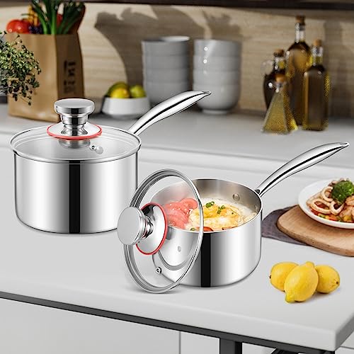 LIANYU 1QT & 2QT Saucepan with Lid, Triply 18/10 Stainless Steel Cooking Pot, Small 1 Quart and 2 Quart Saucepan, Induction Cookware for Boiling Stewing, Dishwasher Safe - size: 1QT+2QT