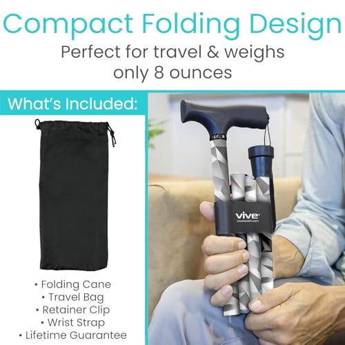 Vive Folding Cane - Foldable Walking Cane for Men, Women - Fold-up - color: Grey Poly