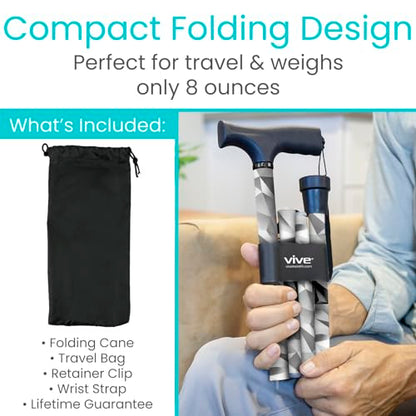 Vive Folding Cane - Foldable Walking Cane for Men, Women - Fold-up - color: Grey Poly