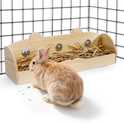 Hedume Rabbit Hay Feeder, Wooden Bunny Food Feeding Manger, Rabbit Hay Holder Less Wasted Food Dispenser for Guinea Pig, Chinchilla, Hamster
