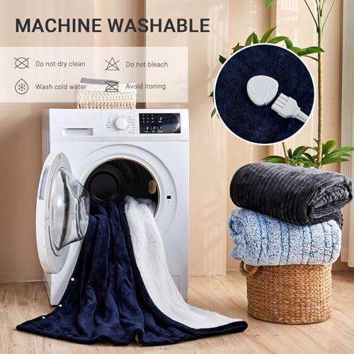 Heated Blanket Electric Throw, 50"x60" Soft Flannel Heating Blanket with 8 Hours Auto Off 10 Fast Heating Levels Machine Washable Sherpa Heated Throw Blanket with Overheating Protection - color: Navy, size: Throw(50" x 60")