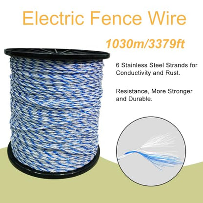 Electric Fence Wire 3379 Feet 1030 Meters, 6 Stainless Steel Strands Electric Polywire with Rust Resistance and Reliable Conductive, UV Resistant, Portable Electric Livestock Fencing - size: 3379FT/1030M