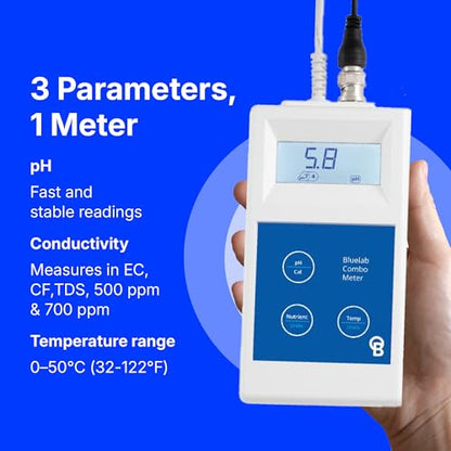 Bluelab Combo Meter for pH, Temperature & Conductivity in Water - Easy Calibration, Digital EC/TDS/PPM Tester for Hydroponics & Indoor Plants (METCOM) | Easy Calibration - Digital EC/TDS/PPM Tester for Hydroponics & Indoor Plants - METCOM - style: pH/EC/T