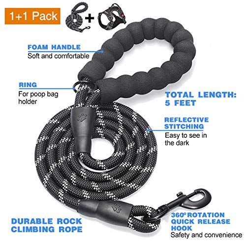 tobeDRI No Pull Dog Harness Adjustable Reflective Oxford Easy Control Medium Large Dog Harness with A Free Heavy Duty 5ft Dog Leash, Black, XL - color: Black, size: X-Large