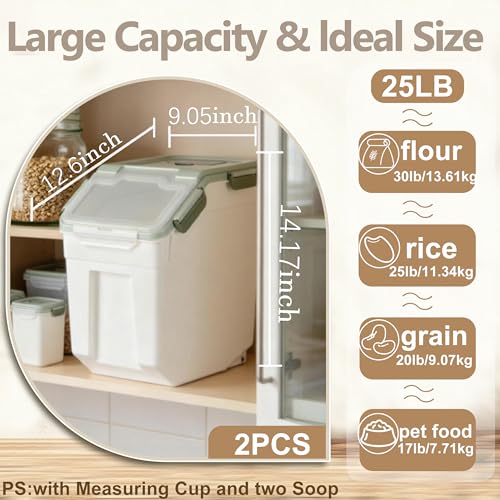 RUIAN Large Airtight Storage Container,25lb Flour Rice Storage Containers Bin with Wheels Seal Locking Lid, with Measuring Cup&Scoop for Flour, Rice, Grain100LBS Total(Green, 4PCS) - color: Green4Pack 25Lb