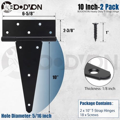 10 Inch T-Strap Gate Hinges, Shed Barn Door Hinges Heavy Duty, Black Tee Hinges for Wooden Fences, Yard Gate, Wrought Hardware Iron Rustproof (2Pack/Set) - size: 10 Inch