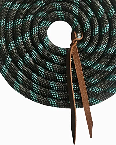 Majestic Ally 14' Pack of 2 Poly Training Lead Rope with Leather Popper for Horses & Livestock – 14 Foot Long and 5/8 inch Thick - Replaceable Heavy-Duty Bolt Snap (Turquoise-Gray-Black) - color: Turquoise-Gray-Black