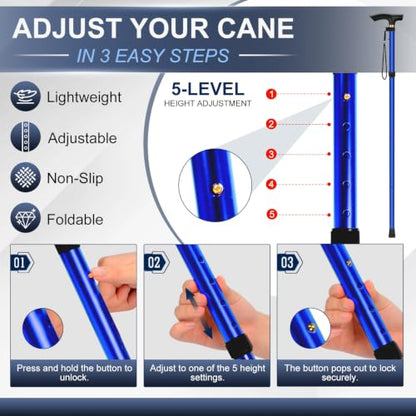 supregear Folding Cane, 5-Level Adjustable Height Walking Stick Lightweight Collapsible Portable Travel Cane with Wrist Strap and T Handle for Elderly Disabled Men Women - color: Dark Blue