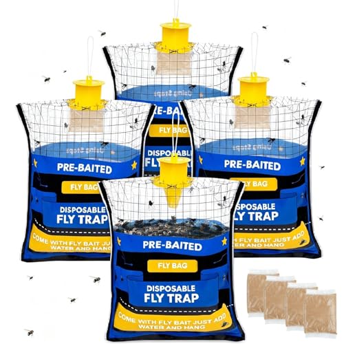 Large 4 Pack Pre-Baited Fly Traps Outdoor Fly Trap for Patio Farm Ranch | 50g Dissolvable Bait Fly Hunter for Flying Insects, Weatherproof Outdoor Fly Bags, Fly Catcher for Chicken Coop Barn