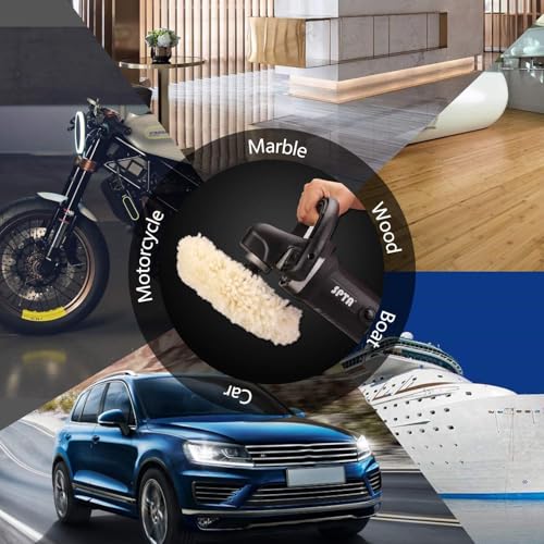 SPTA Wool Polishing Pads, 8"(200mm) 100% Natural Wool Buffing Pad with Hook & Loop Backing 4pcs Set Come with 5/8-11 Thread Backing Plate for Car Polishing, Buffing and Cutting - size: 8inch (200mm) Sets