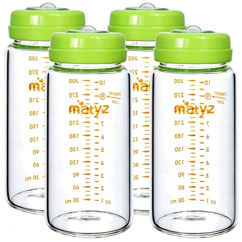 Matyz Glass Breastmilk Storage Set, 4 Pack 10oz, Compatible with Spectra Medela Philips Avent Pumps, Wide-Mouth Leakproof Containers for Freezing & Feeding, BPA-Free (Green Lids) - color: [4 Pack] Green Lids - 10 Ounce Borosilicate GLASS Bottle