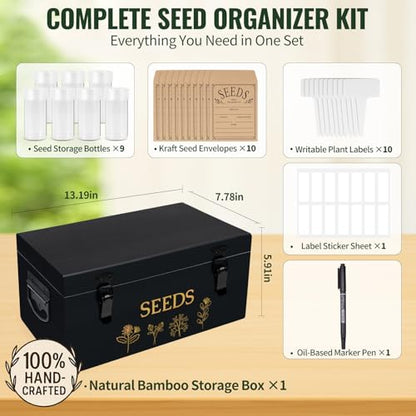 Large Bamboo Wood Seed Storage Organizer Box with Lid, Double-Layer Seal Design Seed Saving Box with Premium Coated Safety Lock, Handles, Extra Seed Envelopes and Labels, Great Gifts for Gardener - color: 3.Black(Large)