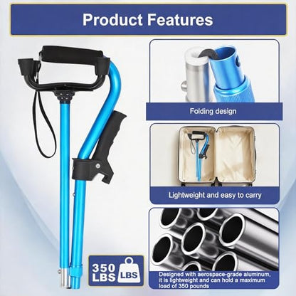 Stand Secure Cane with Stand Up Assist Handle for Elderly, 4 Prong Adjustable Walking Canes for Seniors Women and Men, Non-Slip Wide Base, Aluminum Foldable Stand Cane - color: Light Blue