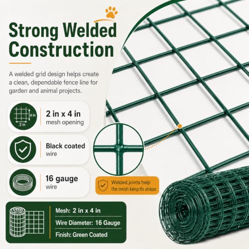 Green PVC Coated Welded Wire Fence 24 in x 100 ft, 16 Gauge 2 x 4 Inch Mesh Roll, Garden Fencing for Chicken Coop, Poultry, Yard, Pet and Plant Protection - size: 2"x4" 16GA 24"x100'-Green