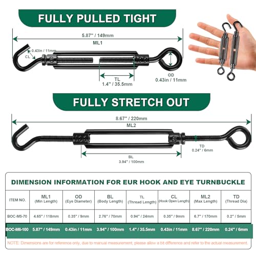Black Small Turnbuckles for Cables Wire, M6 Hook and Eye Tensioner - size: 6 Pcs M6 x 5.9"