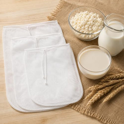 3 Pcs Nut Milk Bag, Reusable Fine Nylon Mesh Food Strainer with Stainless Steel Handle, Cold Brew Coffee Tea Greek Yogurt Filter for Almond Soy Milk Juice Cheese (8x12/10x12/13x13 Inches)