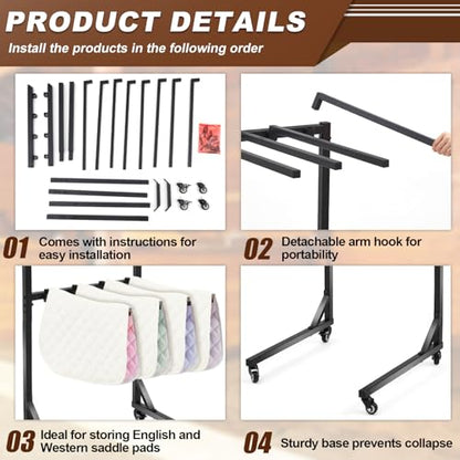 8-Arm Saddle Pad Rack with Wheels, Removable Horse Blanket Holder Space Saving Horse Saddle Pads Stand for Barn Stable Farm Trailer Accessories