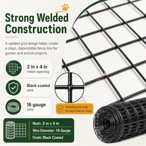Black PVC Coated Welded Wire Fence 36 in x 100 ft, 16 Gauge 2 x 4 Inch Mesh Roll, Garden Fencing for Chicken Coop, Poultry, Yard, Pet and Plant Protection - size: 2"x4" 16GA 36"x100'