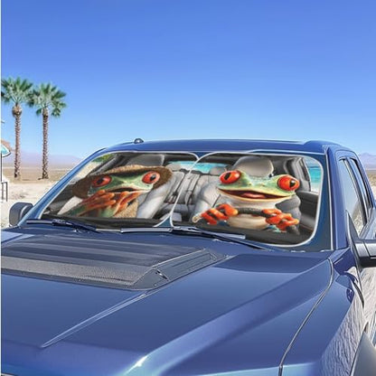 Car Front Windshield Sun Shade Cute Frog 2-Piece Foldable Car Windshield Sun Shade UV Rays and Keeps Vehicle Cool Easy to Install for Most Sedan Truck SUV - color: Cute Frog