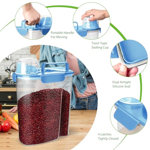 Viretec Rice Storage Container, 5 to 10lb Dry Food Airtight Dispenser, Pet Dog Cat Food Canister, BPA Free Clear Plastic Kitchen and Pantry Bin for Oatmeal, Cereal, Pasta, Flour Pack of 2 Blue - color: 3L+6L/Blue