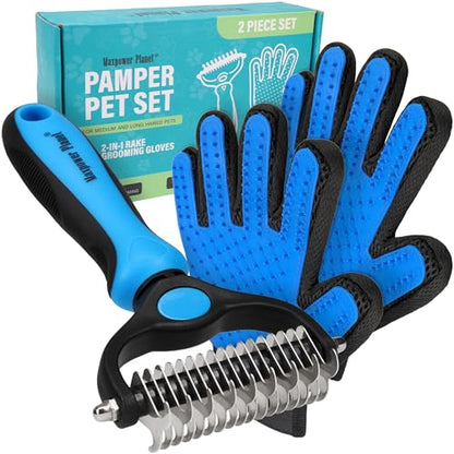 Maxpower Planet Pet Grooming Brush and 2X Grooming Gloves Combo - Double Sided Dematting, Deshedding Undercoat Rake for Dogs and Cats - Reduce Shedding Easily - Blue - color: A1 - Rake & Glove (Best Value), size: Large