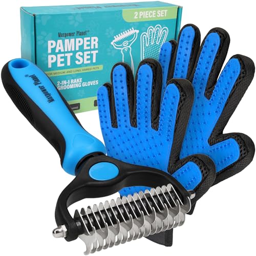 Maxpower Planet Pet Grooming Brush and 2X Grooming Gloves Combo - Double Sided Dematting, Deshedding Undercoat Rake for Dogs and Cats - Reduce Shedding Easily - Blue - color: A1 - Rake & Glove (Best Value), size: Large