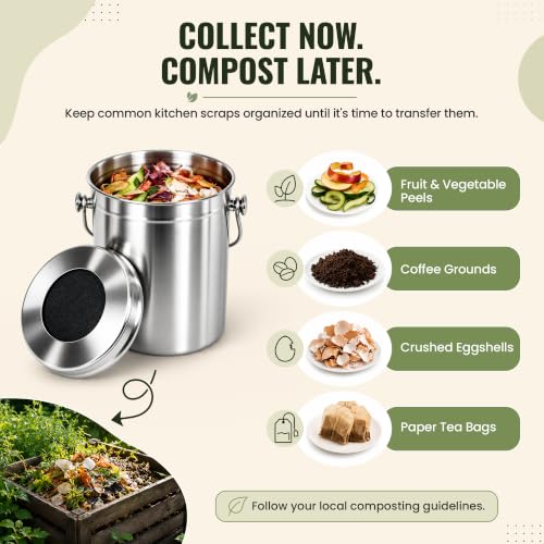Epica Kitchen Compost Bin for Kicthen Countertops, 1.3 Galllon - Silver - color: silver