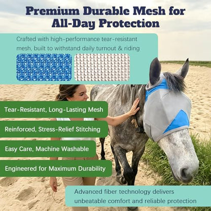 Horse Fly Mask Without Ears, Breathable Mesh UV Protection, Soft Fleece Trim, Adjustable Secure Fit, No Eye Rubbing, Lightweight for Turnout (M) - size: Medium