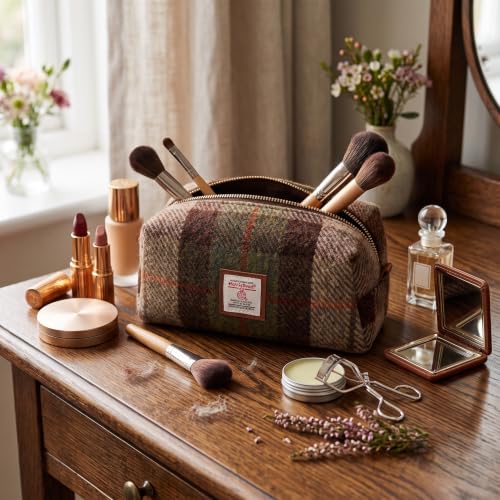 TAILORMAP Harris Tweed Wool Cosmetic Bag, Large Capacity Scottish Tartan Handmade Makeup Organizer, Stain-Resistant Travel Toiletry Pouch for Women (No.3822) - color: No.3822