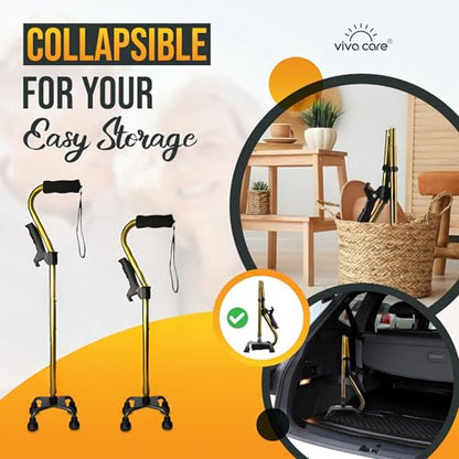 Walking Cane with 4 Prongs and Extra Side Handle – Adjustable, for Balance & Stability for Adults, Seniors, and Injured. - color: Gold